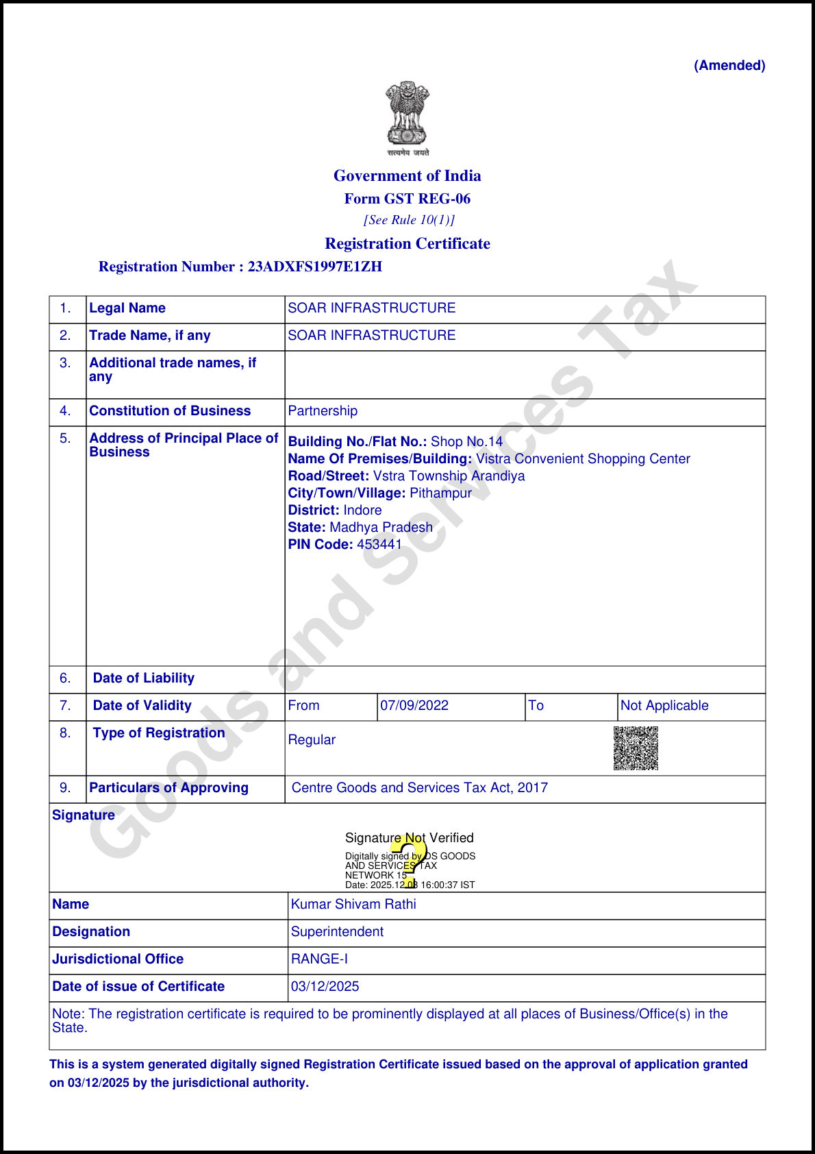 GST Registration Certificate — Form GST REG-06